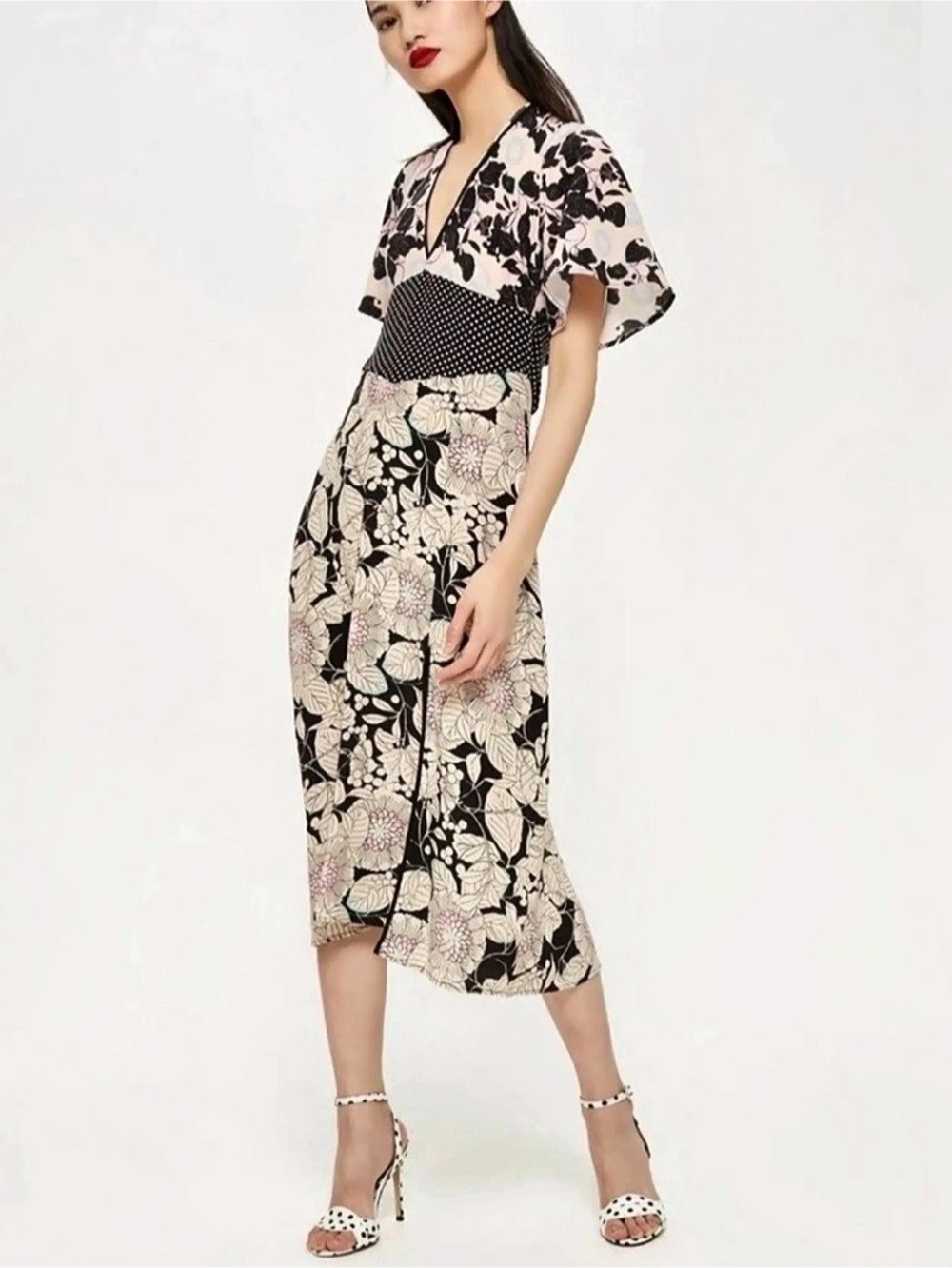 Topshop Women’s Mix Floral Midi Dress Size 6 Vintage Inspired Polka Dot Perfect